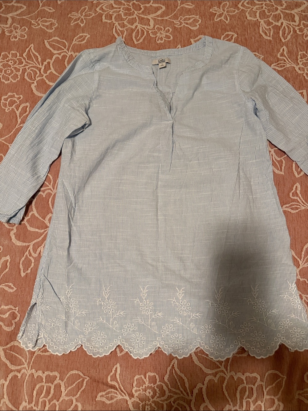 croft & barrow Light Blue Striped Embroidered-Hem Long Sleeve Tunic